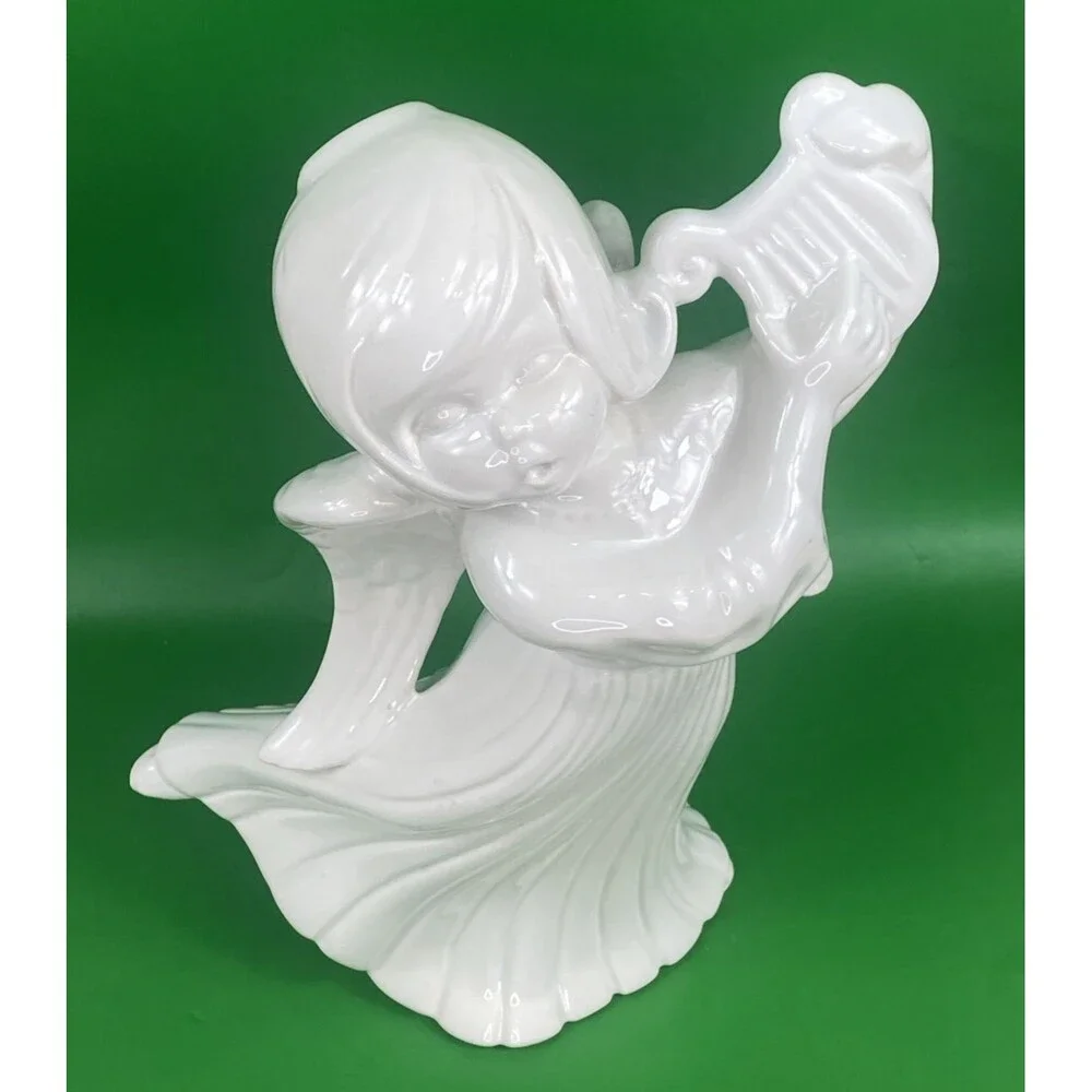 Vintage Atlantic Mold Ceramic Christmas Angel Harp 12” White Ivory Glazed
